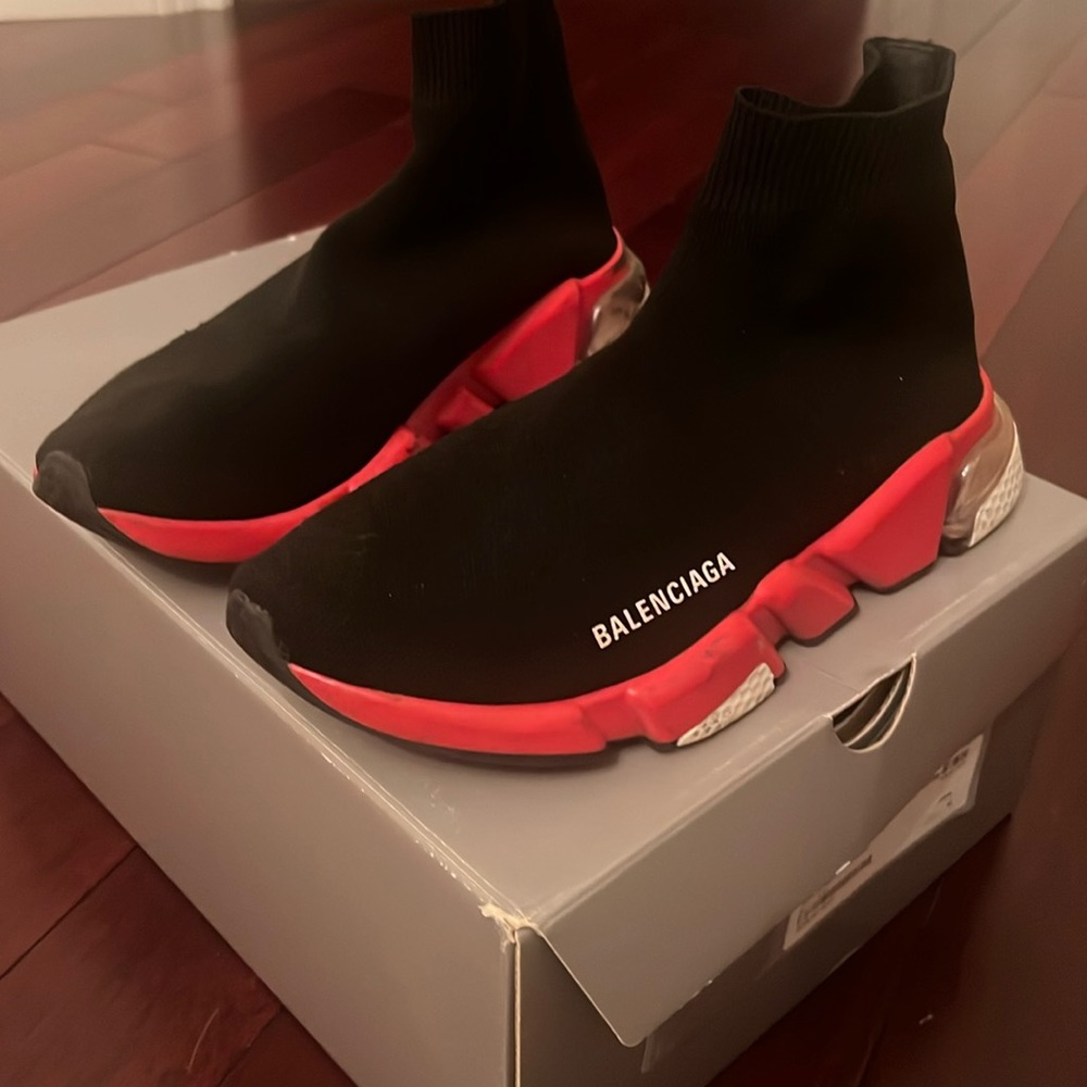 Balenciaga knit black with red sole and clear sneakers